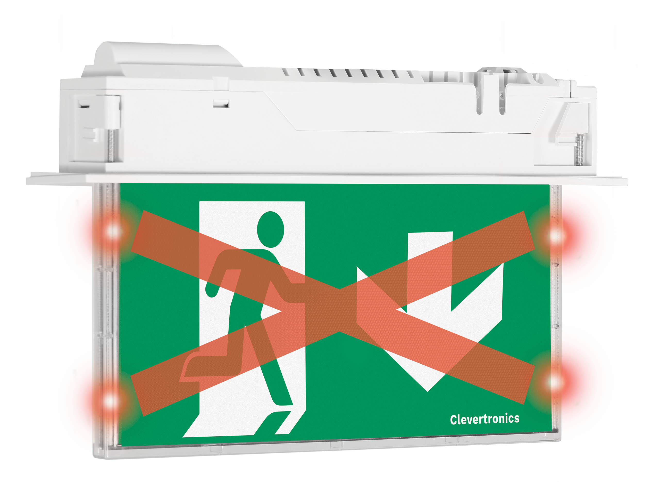CleverEvac Dynamic Red X Exit, Recessed Mount, CLP, Running Man Arrow Down, Single Sided